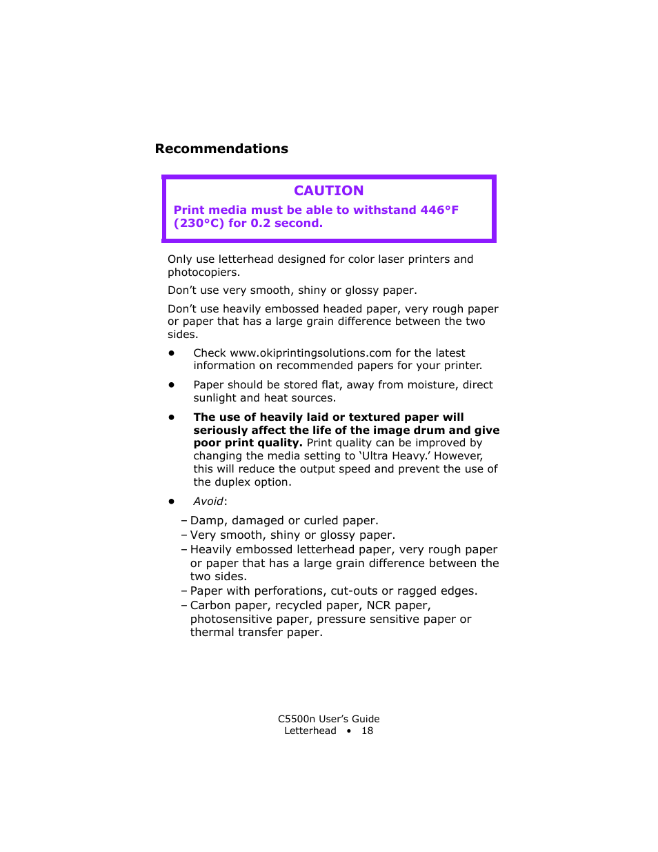 Recommendations, Caution | Oki C 5500n User Manual | Page 18 / 250