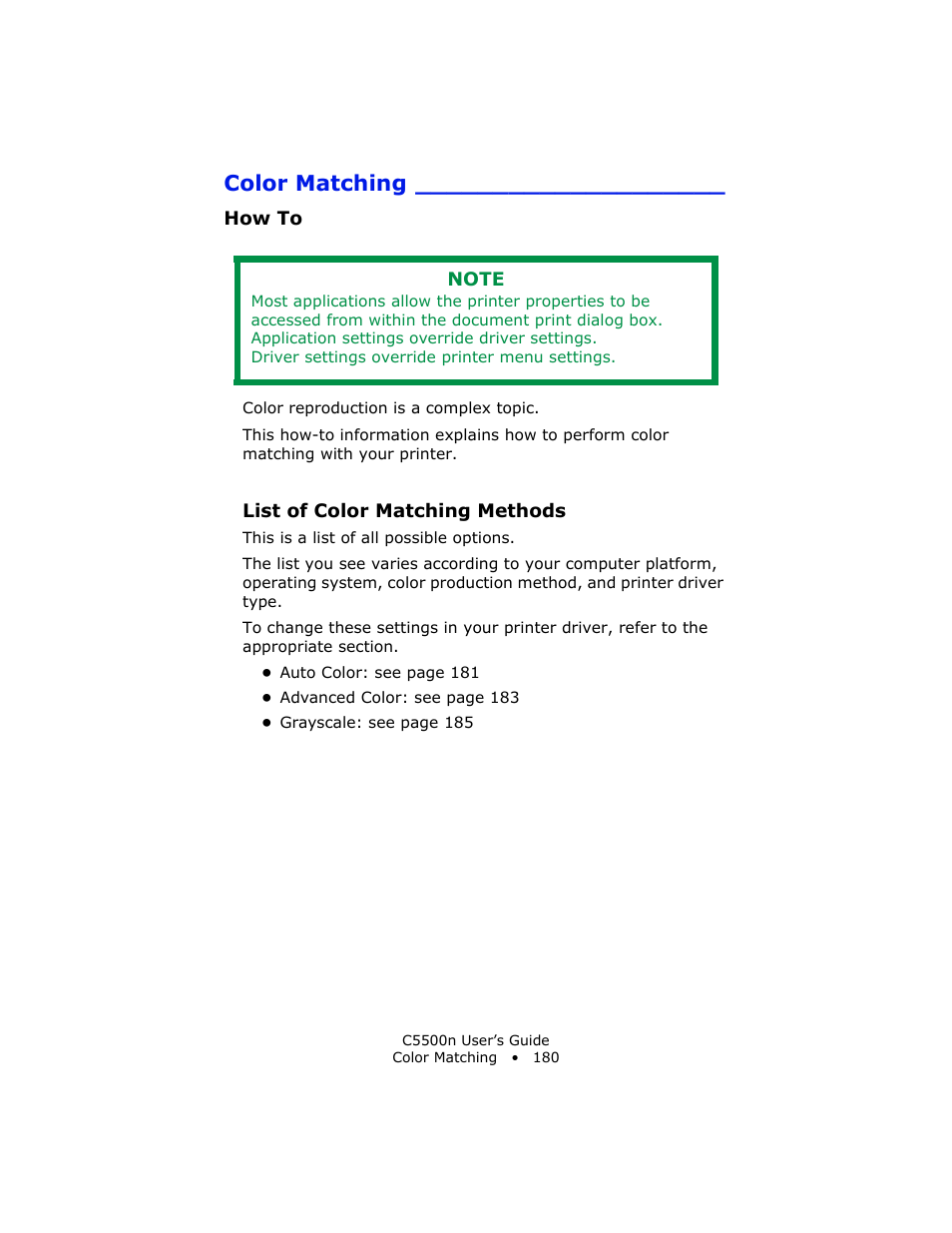 How to, List of color matching methods, Color matching | Oki C 5500n User Manual | Page 180 / 250