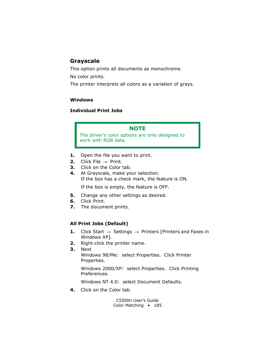 Grayscale, Windows, Individual print jobs | All print jobs (default) | Oki C 5500n User Manual | Page 185 / 250