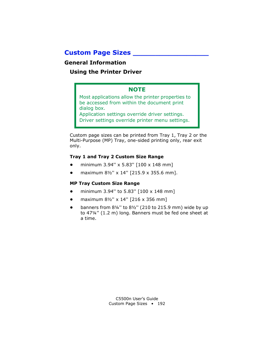 General information, Using the printer driver, Tray 1 and tray 2 custom size range | Mp tray custom size range, Custom page sizes | Oki C 5500n User Manual | Page 192 / 250