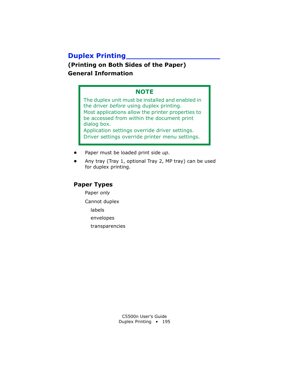Duplex printing, Printing on both sides of the paper), General information | Paper types | Oki C 5500n User Manual | Page 195 / 250
