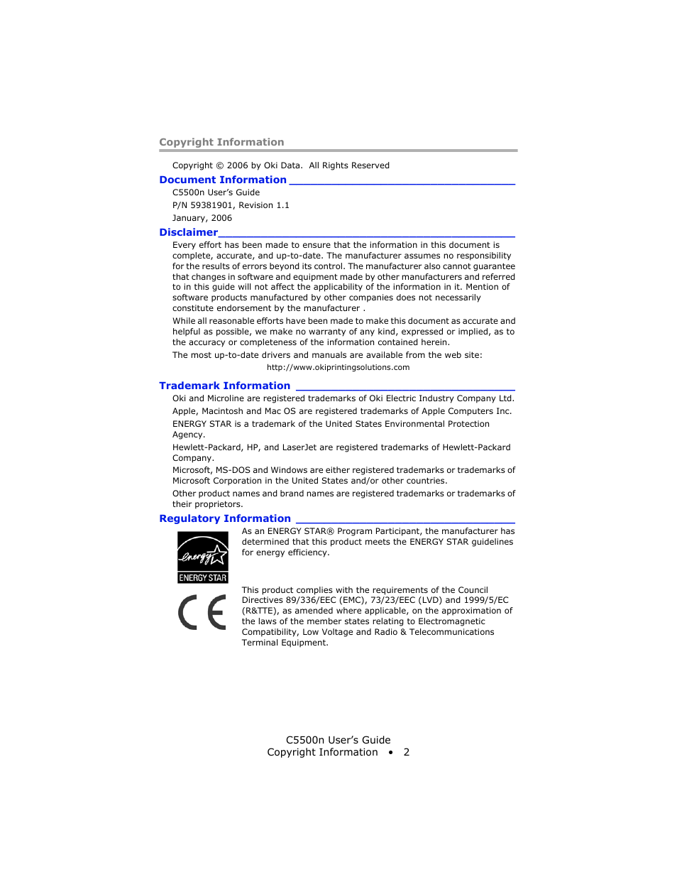Copyright information, Document information, Disclaimer | Trademark information, Regulatory information | Oki C 5500n User Manual | Page 2 / 250