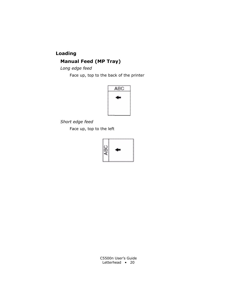 Manual feed (mp tray), Loading manual feed (mp tray) | Oki C 5500n User Manual | Page 20 / 250