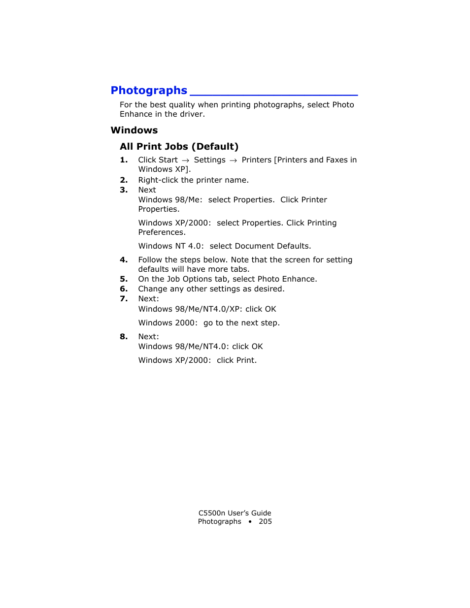 Photographs, Windows, All print jobs (default) | Oki C 5500n User Manual | Page 205 / 250