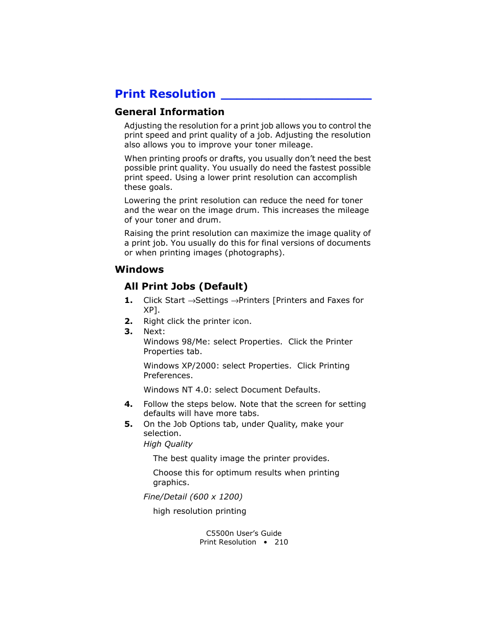 Print resolution, General information, Windows | All print jobs (default) | Oki C 5500n User Manual | Page 210 / 250