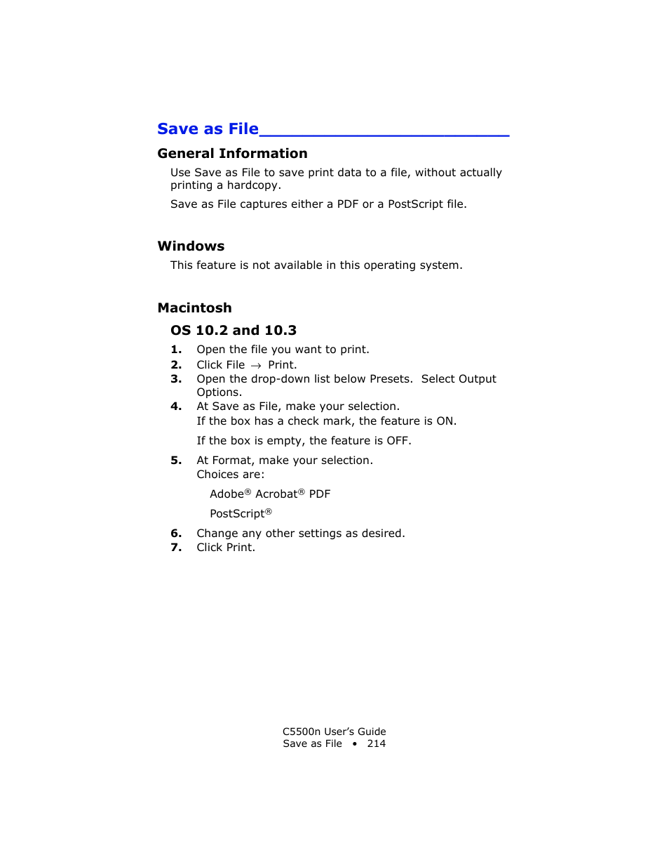 Save as file, General information, Windows | Macintosh, Os 10.2 and 10.3 | Oki C 5500n User Manual | Page 214 / 250