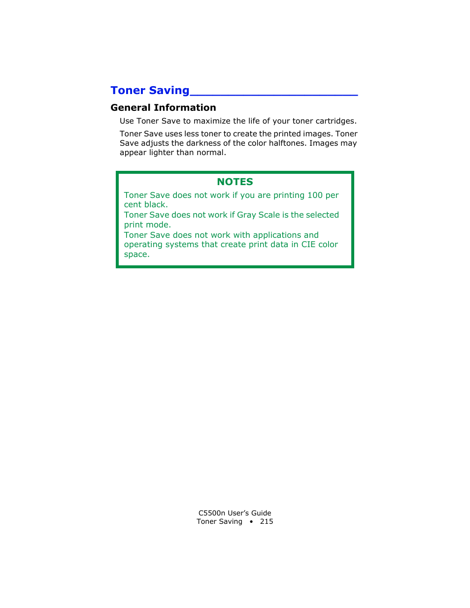 Toner saving, General information | Oki C 5500n User Manual | Page 215 / 250