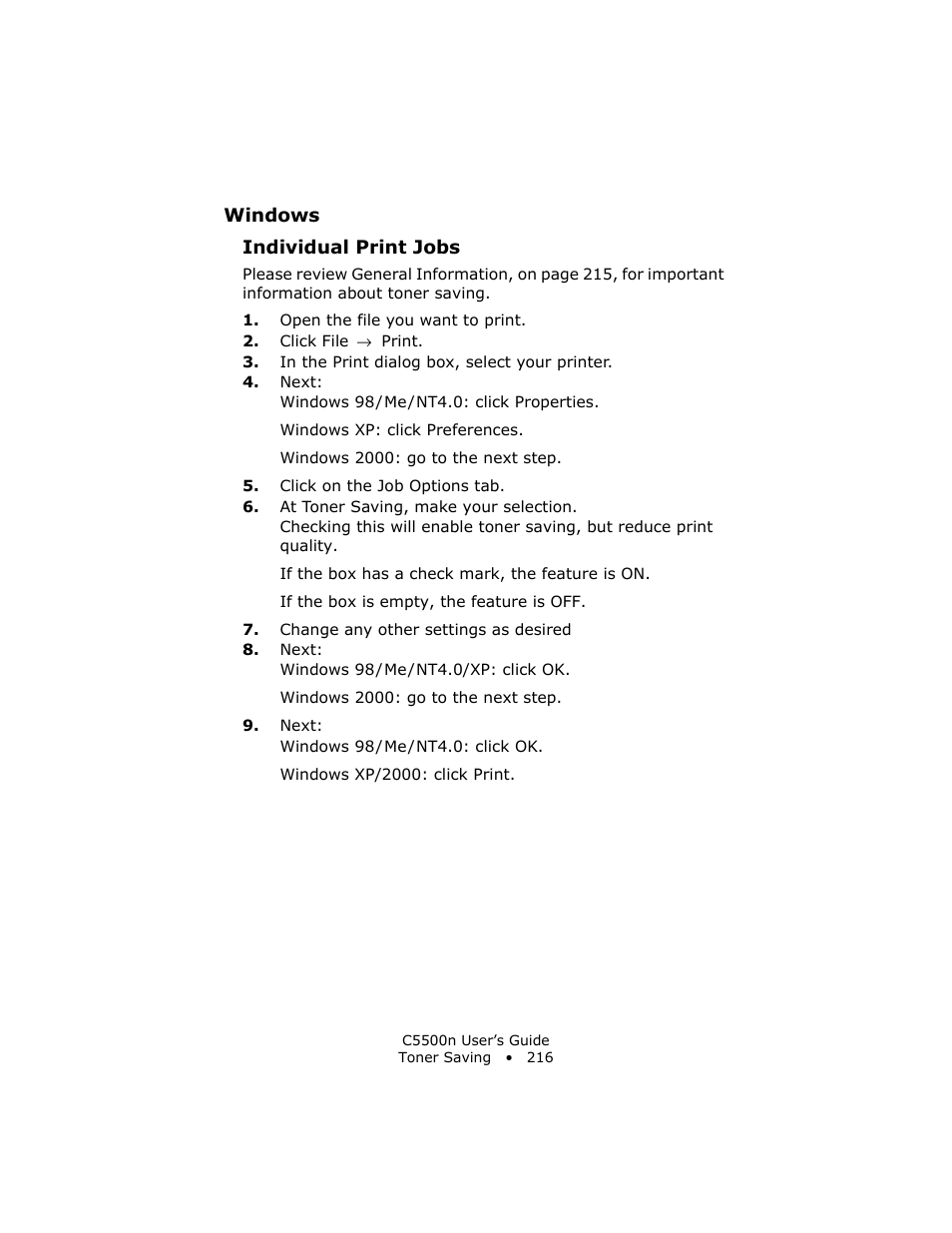 Windows, Individual print jobs | Oki C 5500n User Manual | Page 216 / 250