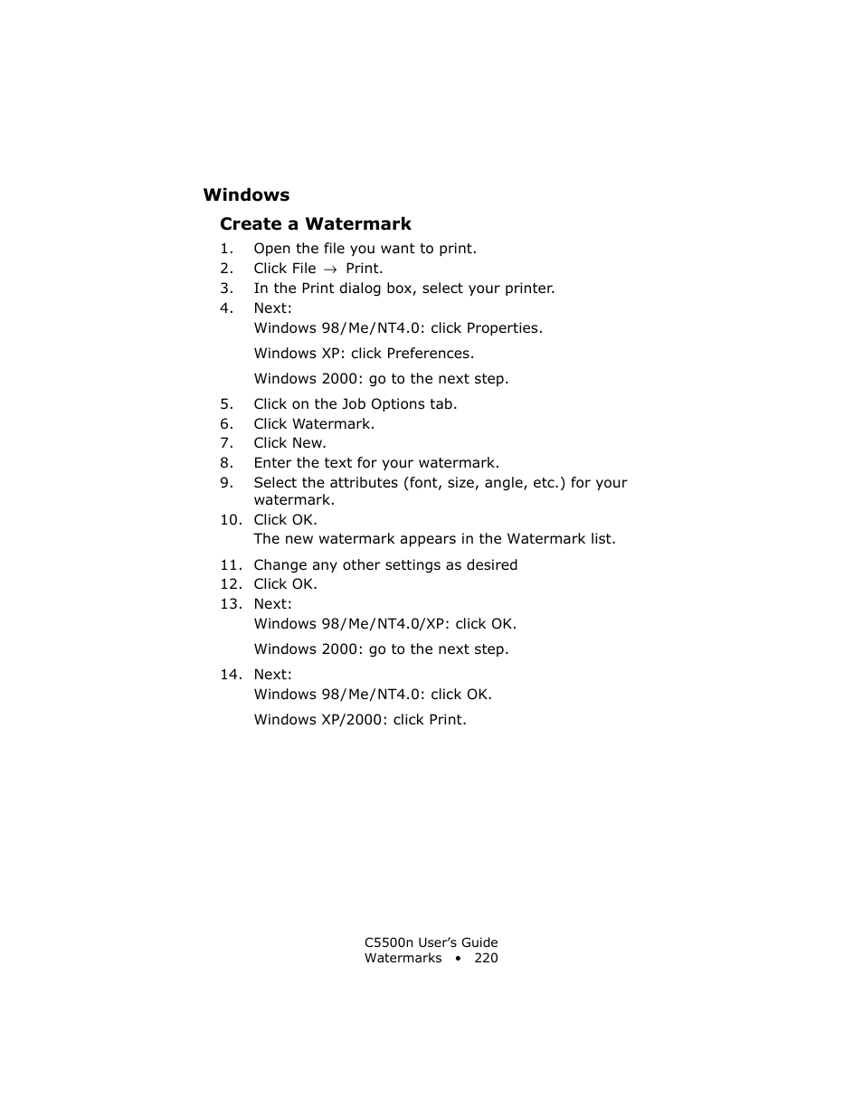 Windows, Create a watermark | Oki C 5500n User Manual | Page 220 / 250