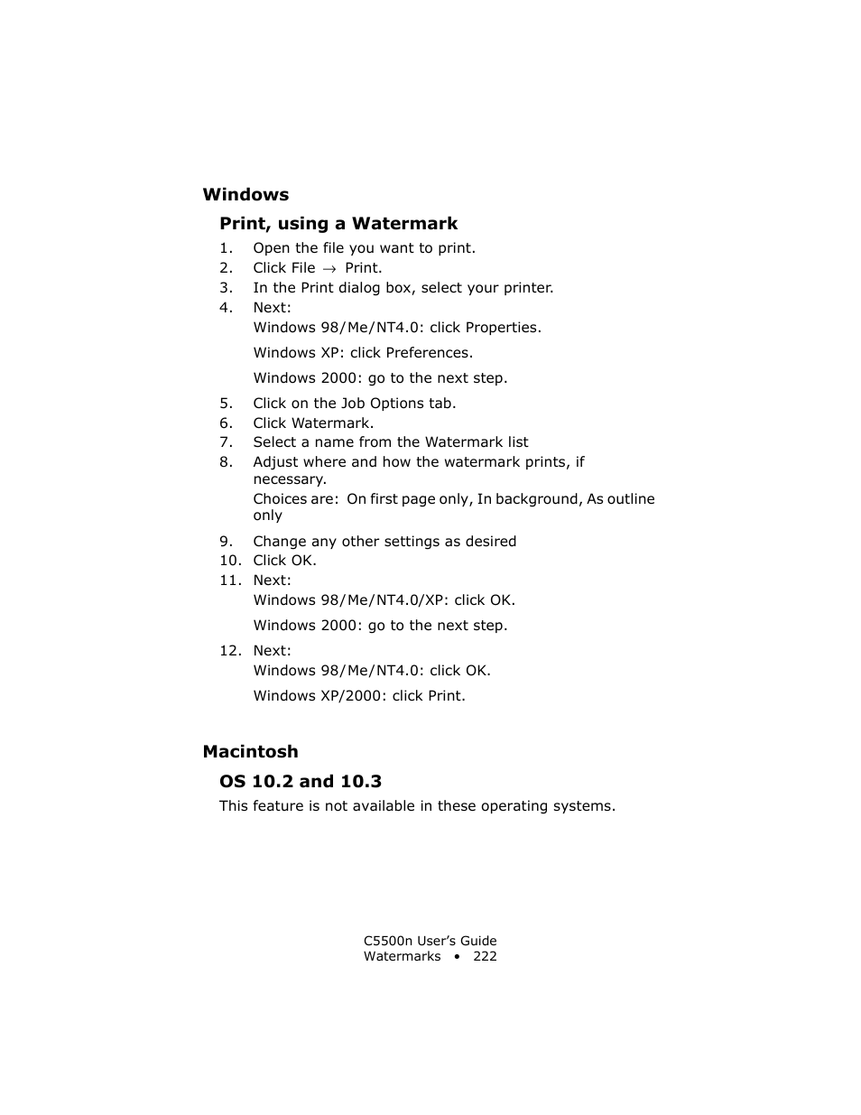 Print, using a watermark, Macintosh, Os 10.2 and 10.3 | Oki C 5500n User Manual | Page 222 / 250