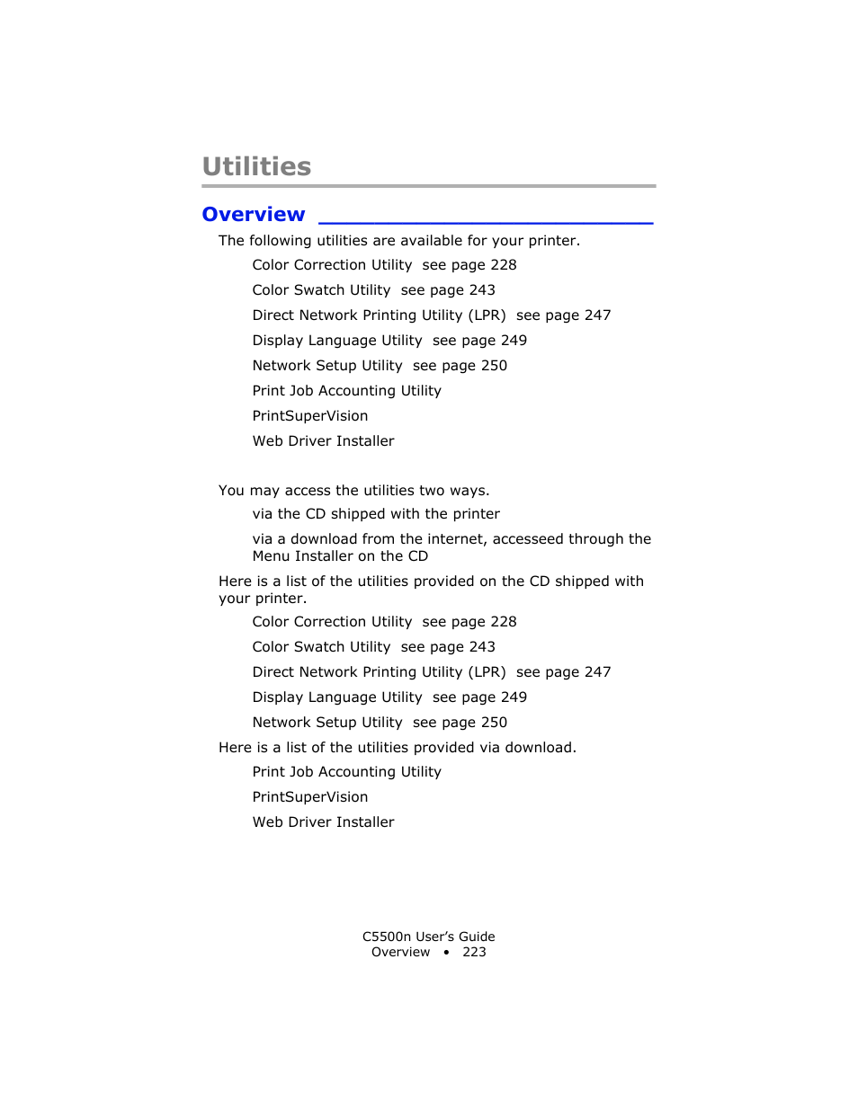 Utilities, Overview | Oki C 5500n User Manual | Page 223 / 250