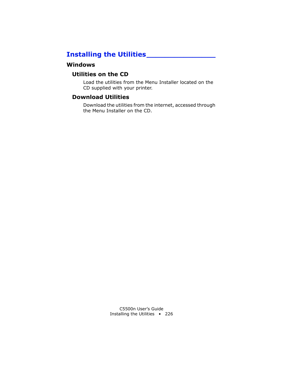 Installing the utilities, Windows, Utilities on the cd | Download utilities | Oki C 5500n User Manual | Page 226 / 250
