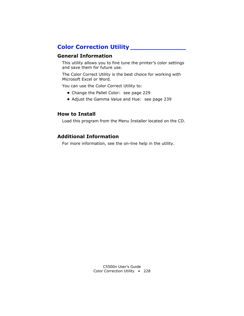Color correction utility, General information, How to install | Additional information | Oki C 5500n User Manual | Page 228 / 250