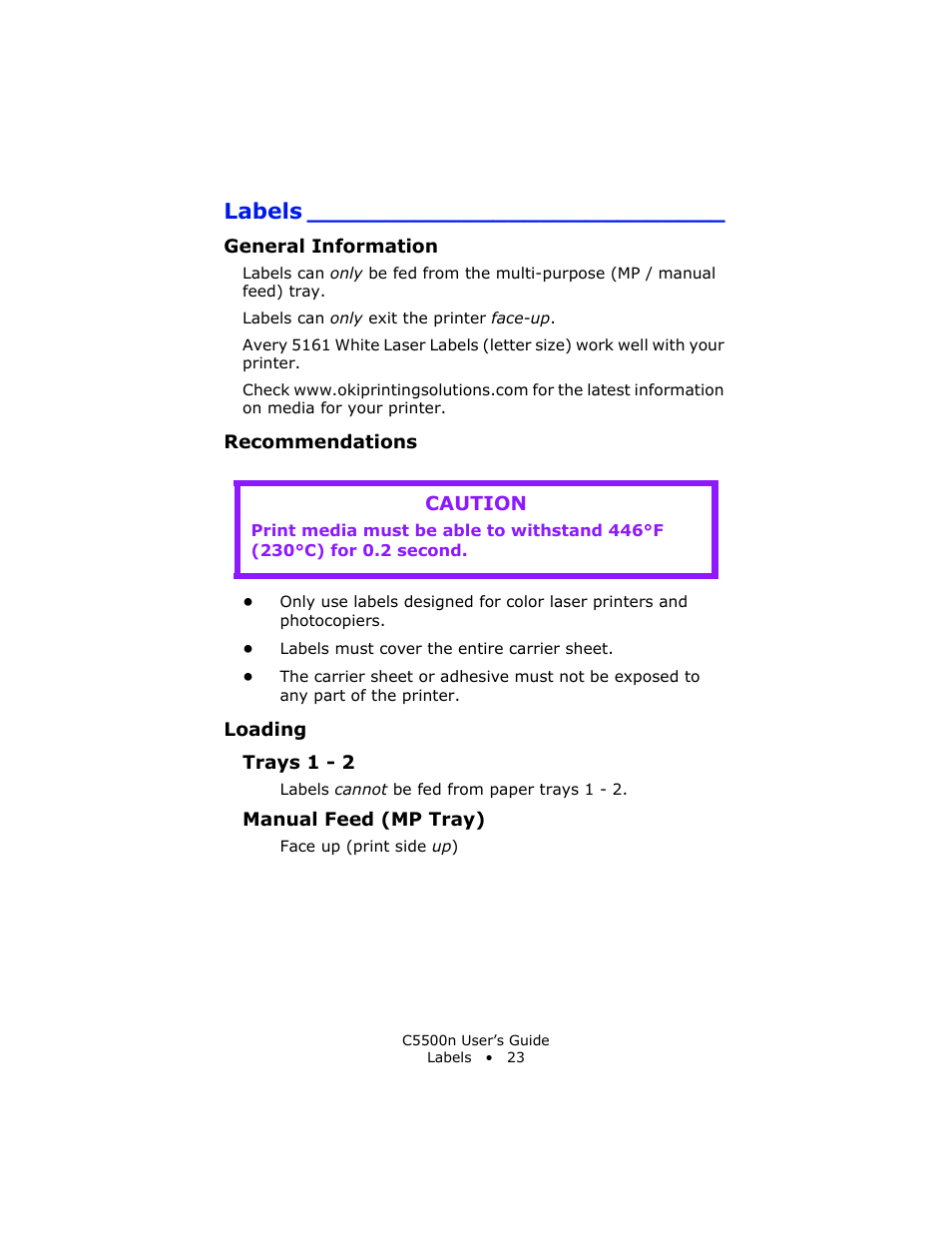 Labels, General information, Recommendations | Loading, Manual feed (mp tray) | Oki C 5500n User Manual | Page 23 / 250