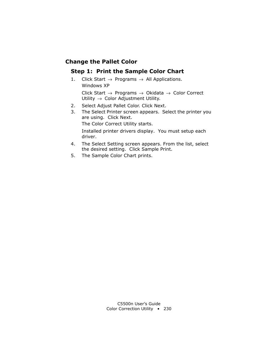 Step 1: print the sample color chart | Oki C 5500n User Manual | Page 230 / 250