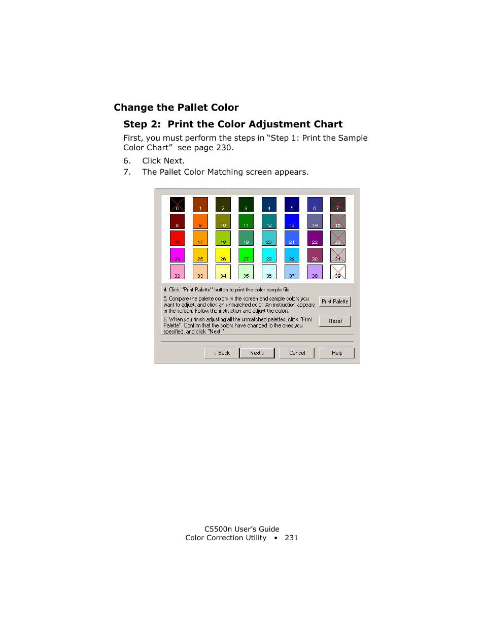 Step 2: print the color adjustment chart | Oki C 5500n User Manual | Page 231 / 250