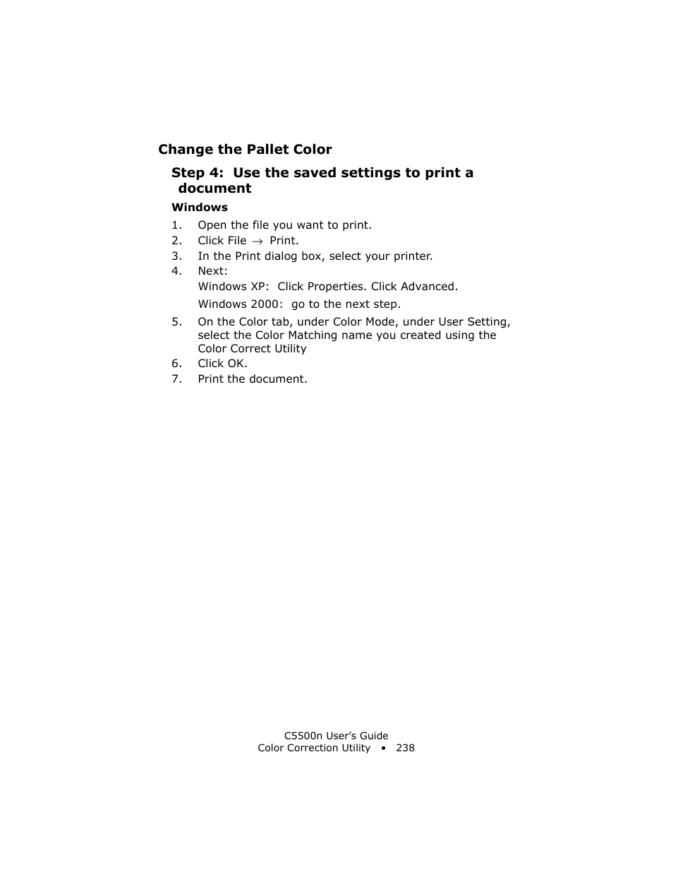 Step 4: use the saved settings to print a document | Oki C 5500n User Manual | Page 238 / 250