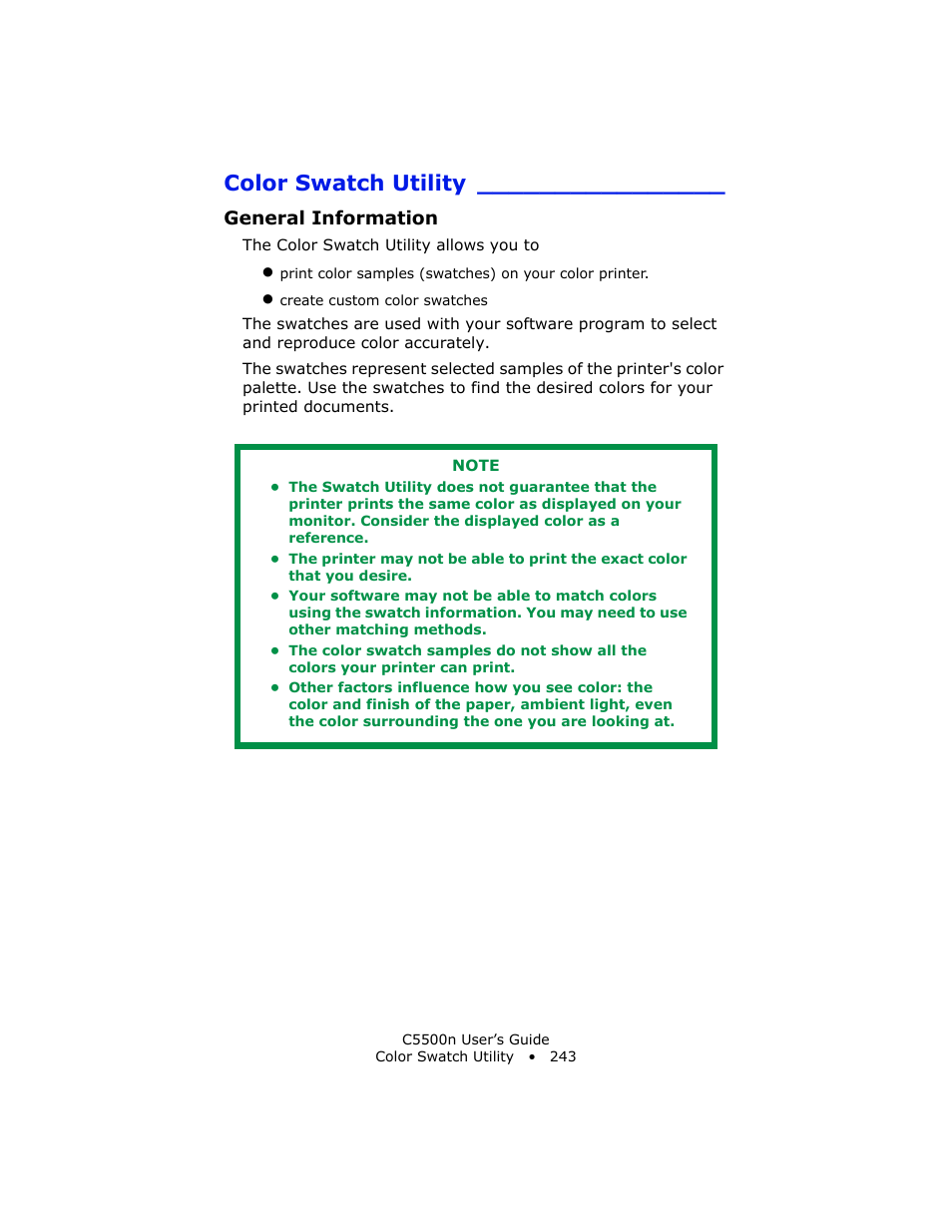Color swatch utility, General information | Oki C 5500n User Manual | Page 243 / 250