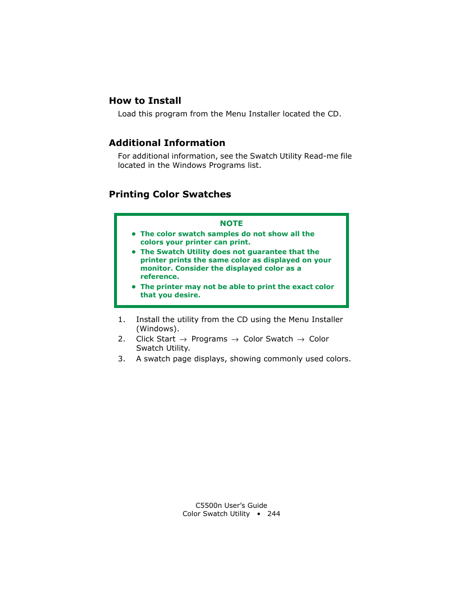 How to install, Additional information, Printing color swatches | Oki C 5500n User Manual | Page 244 / 250