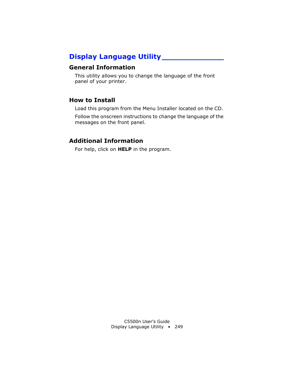 Display language utility, General information, How to install | Additional information | Oki C 5500n User Manual | Page 249 / 250