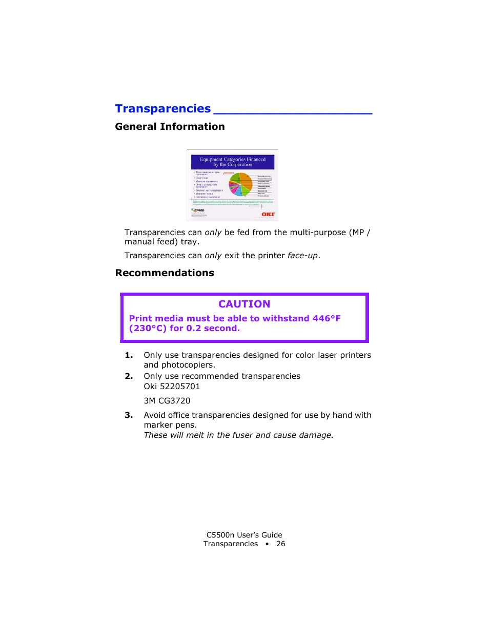 Transparencies, General information, Recommendations | Caution | Oki C 5500n User Manual | Page 26 / 250