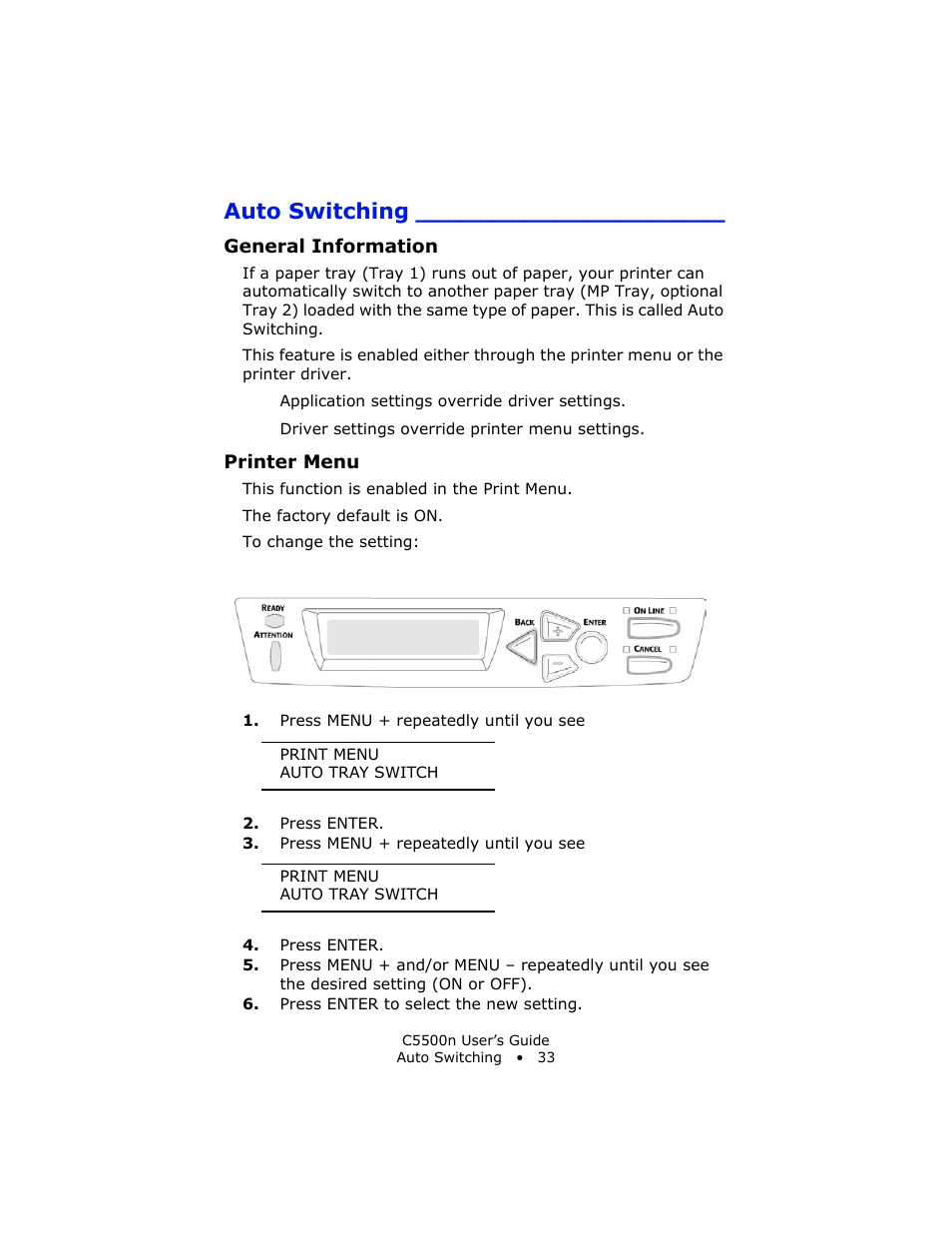 Auto switching, General information, Printer menu | Oki C 5500n User Manual | Page 33 / 250