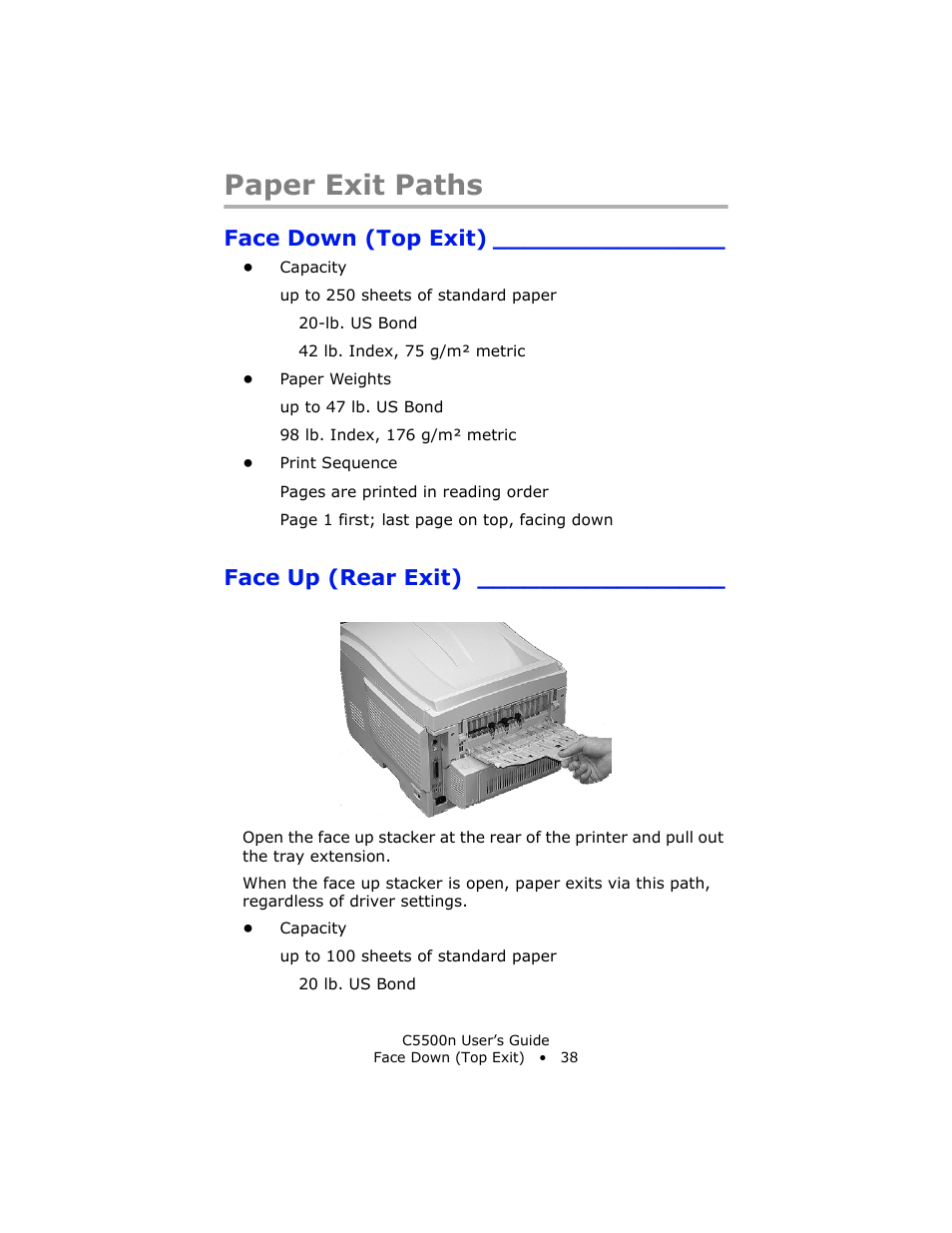 Paper exit paths, Face down (top exit), Face up (rear exit) | Oki C 5500n User Manual | Page 38 / 250