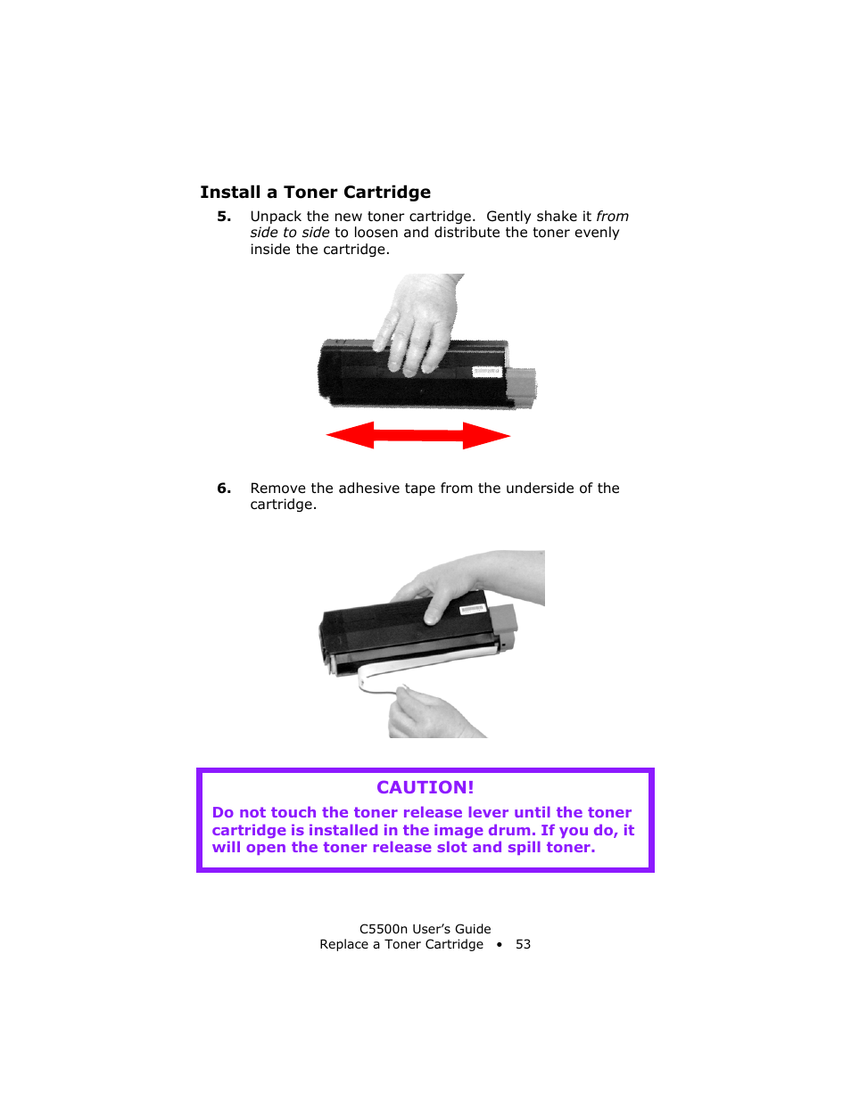 Install a toner cartridge, Caution | Oki C 5500n User Manual | Page 53 / 250