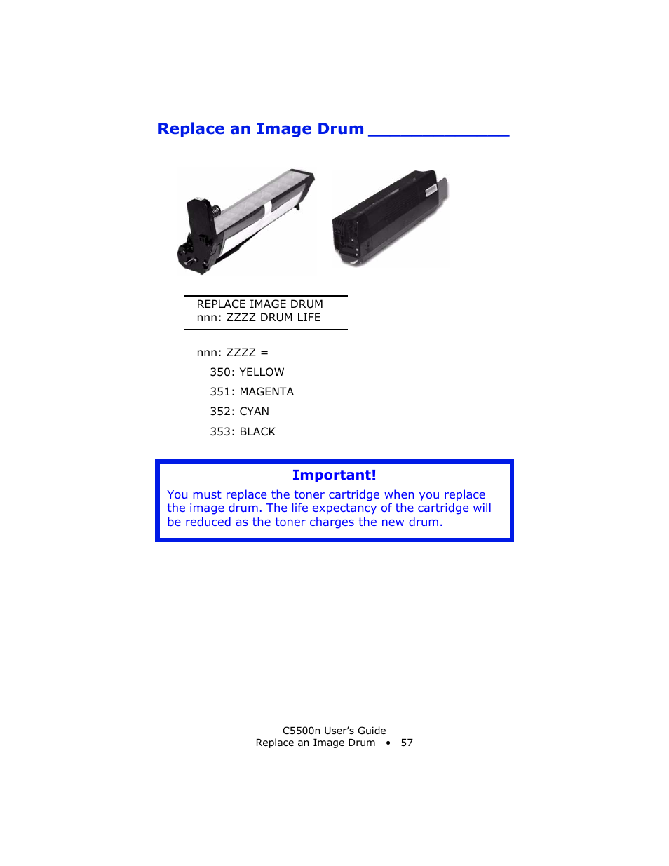 Replace an image drum, Important | Oki C 5500n User Manual | Page 57 / 250