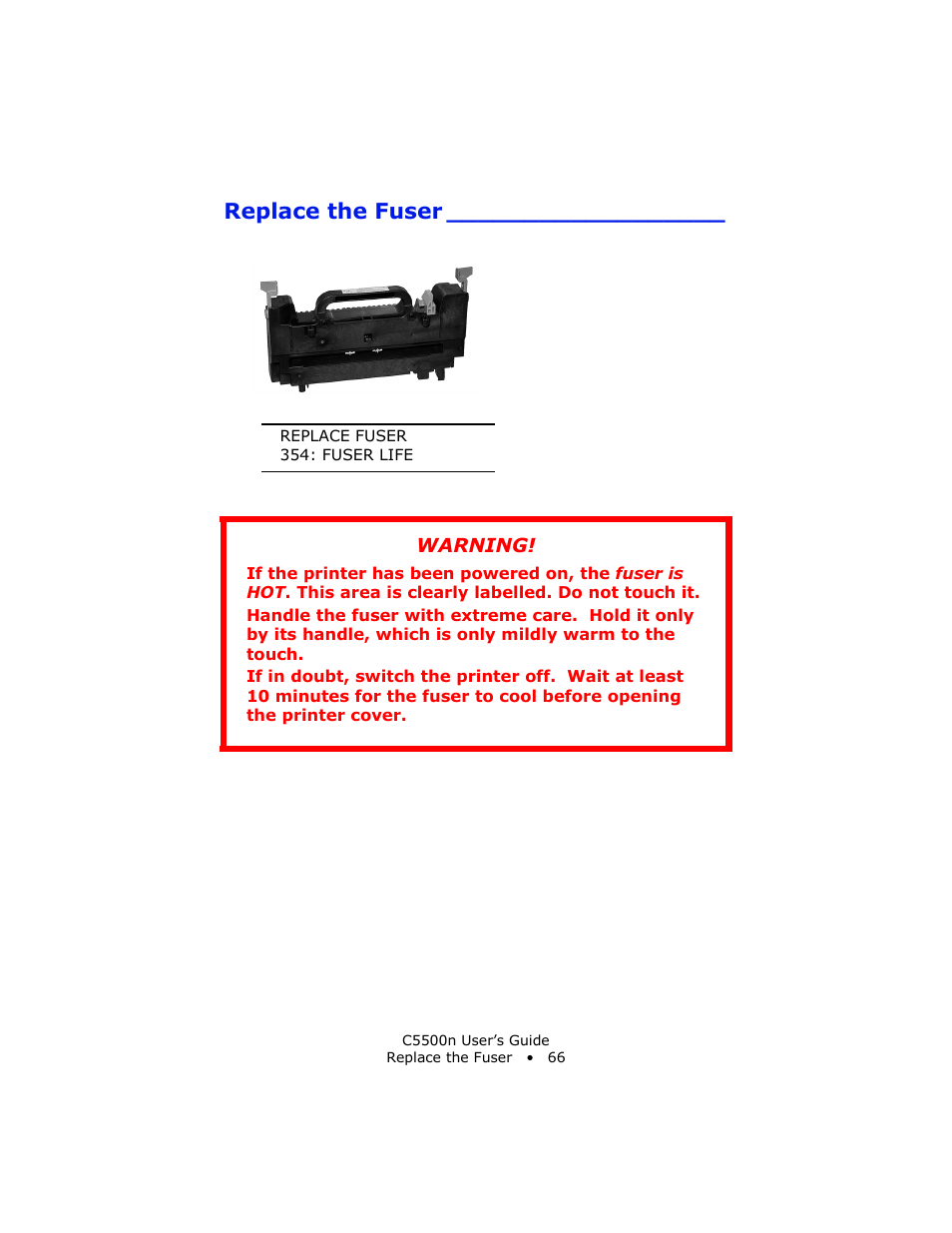 Replace the fuser, Warning | Oki C 5500n User Manual | Page 66 / 250