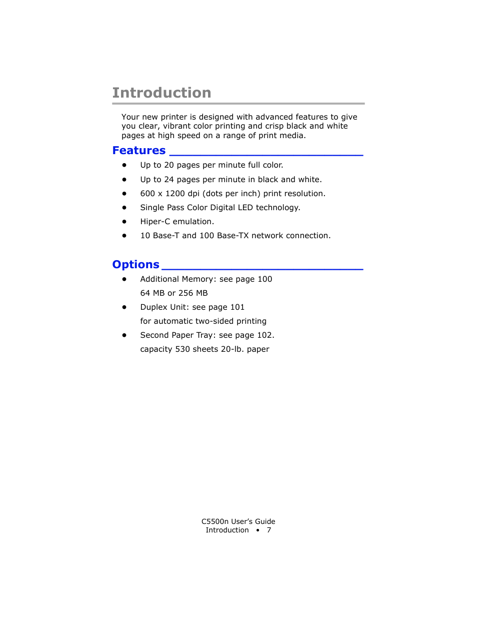 Introduction, Features, Options | Oki C 5500n User Manual | Page 7 / 250