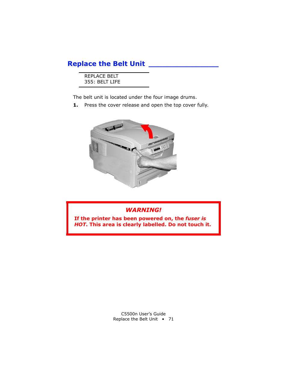 Replace the belt unit, Warning | Oki C 5500n User Manual | Page 71 / 250