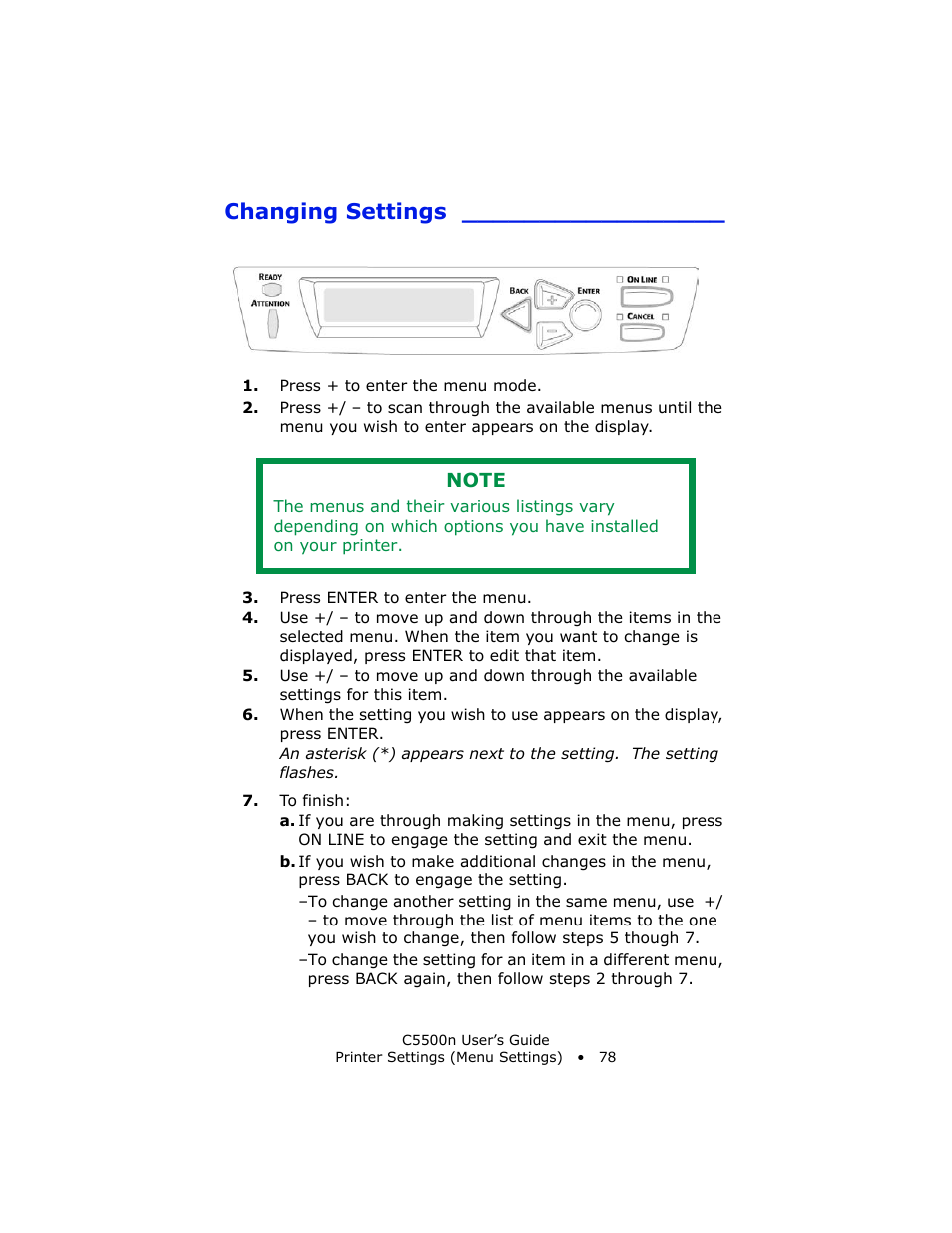 Changing settings | Oki C 5500n User Manual | Page 78 / 250