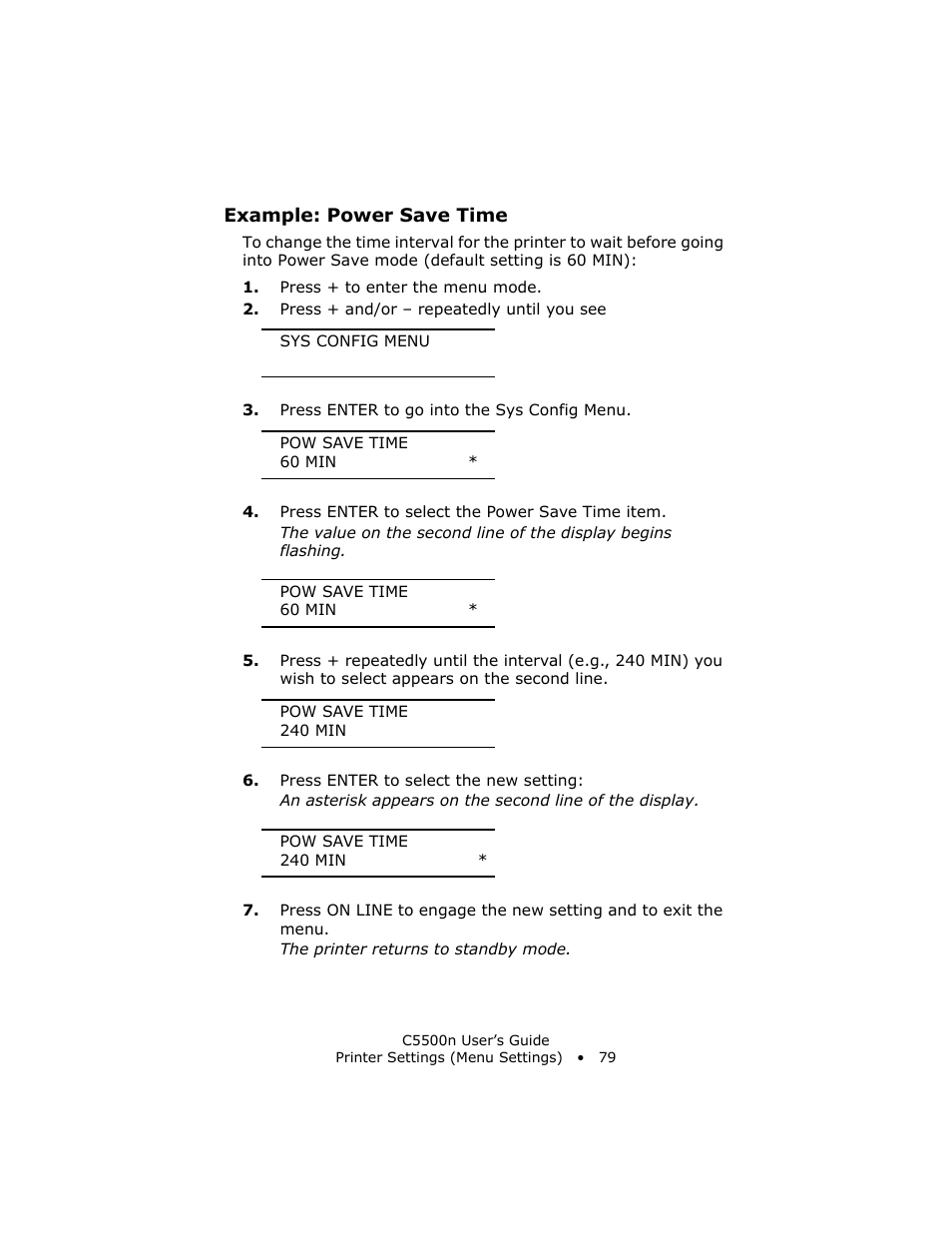 Example: power save time | Oki C 5500n User Manual | Page 79 / 250