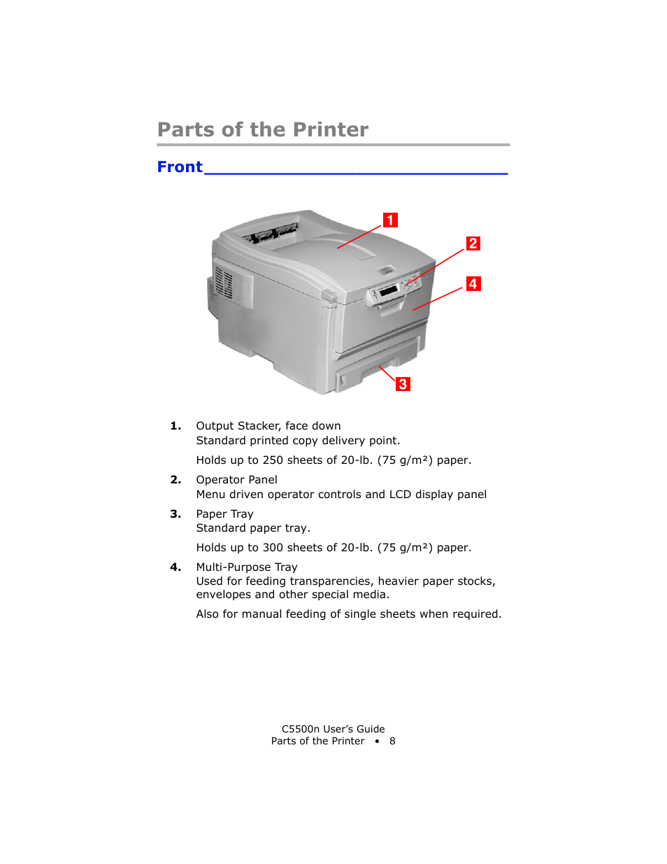 Parts of the printer, Front | Oki C 5500n User Manual | Page 8 / 250