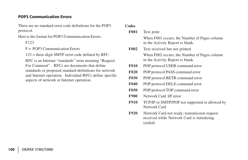 Pop3 communication errors | Oki FAX 5780 User Manual | Page 100 / 114
