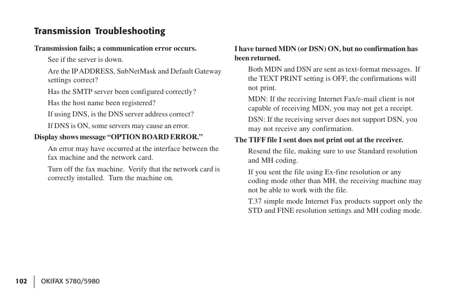 Transmission troubleshooting | Oki FAX 5780 User Manual | Page 102 / 114