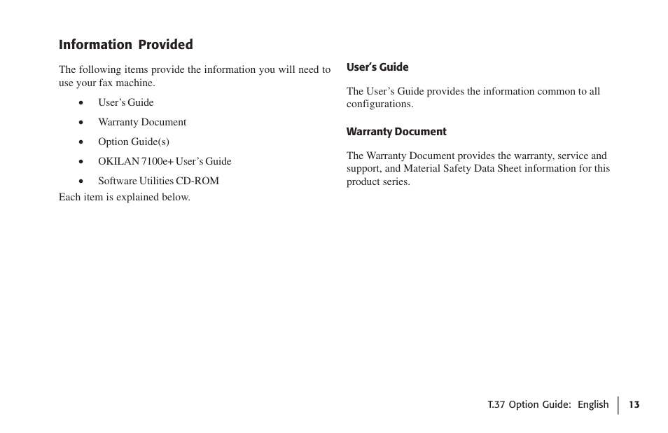 Information provided, User's guide, Warranty document | User’s guide warranty document | Oki FAX 5780 User Manual | Page 13 / 114