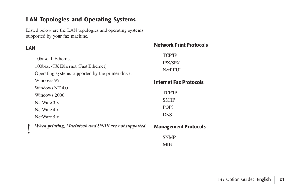 Lan topologies and operating systems, Network print protocols, Internet fax protocols | Management protocols | Oki FAX 5780 User Manual | Page 21 / 114