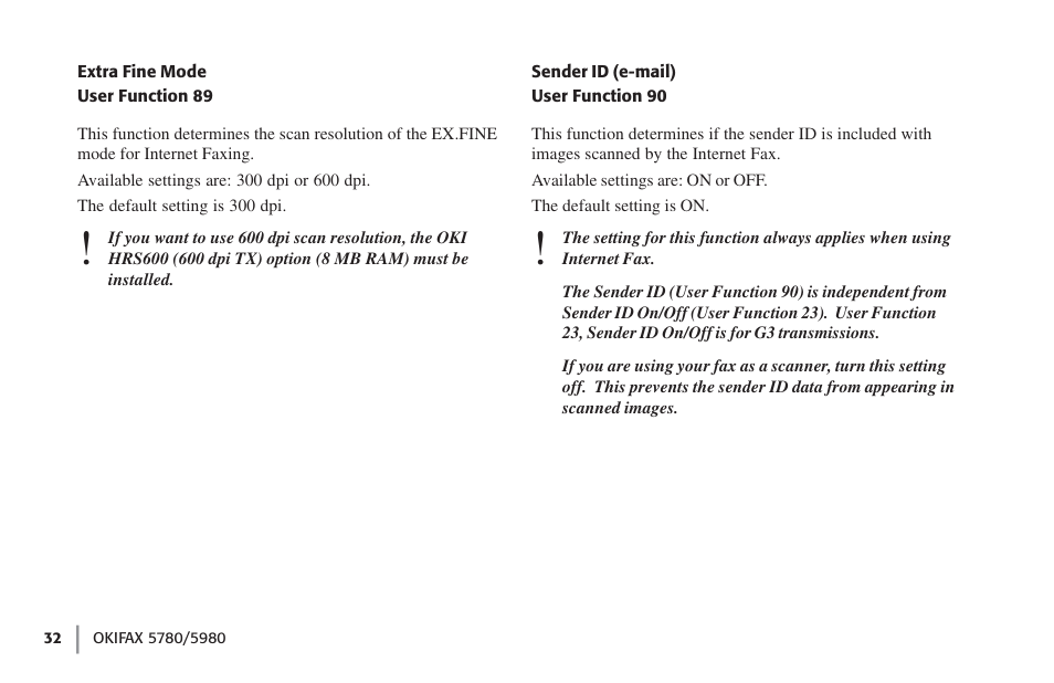 Sender id (e-mail) user function 90 | Oki FAX 5780 User Manual | Page 32 / 114
