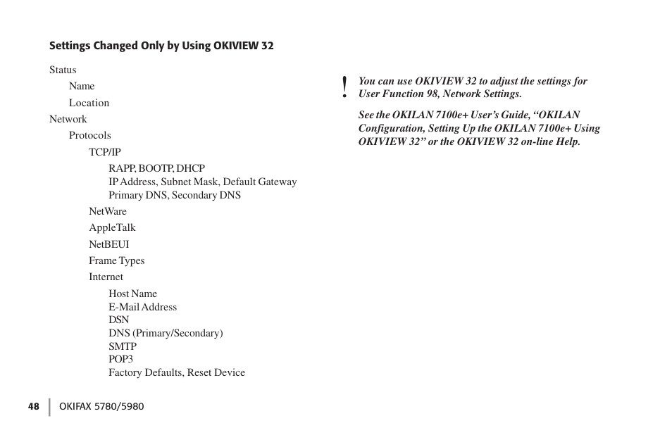 Settings changed only by using okiview 32 | Oki FAX 5780 User Manual | Page 48 / 114