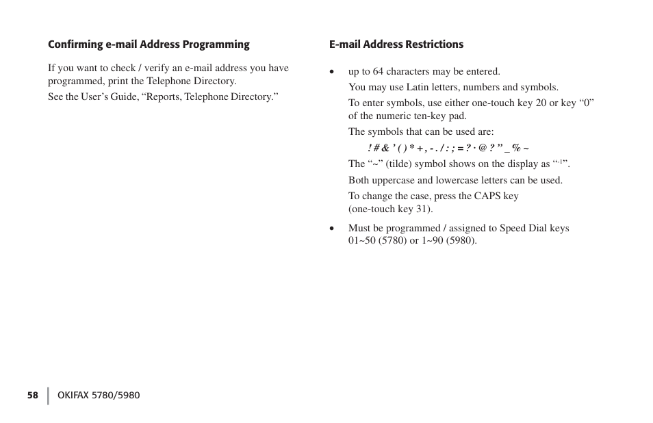Confirming e-mail address programming, E-mail address restrictions | Oki FAX 5780 User Manual | Page 58 / 114
