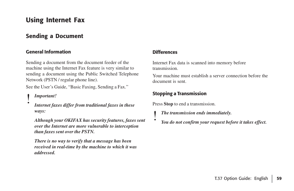 Using internet fax, Sending a document, General information | Stopping a transmission, General information stopping a transmission | Oki FAX 5780 User Manual | Page 59 / 114