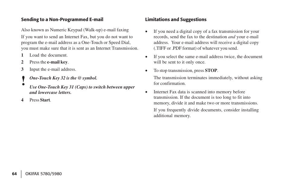 Sending to a non-programmed e-mail, Limitations and suggestions | Oki FAX 5780 User Manual | Page 64 / 114