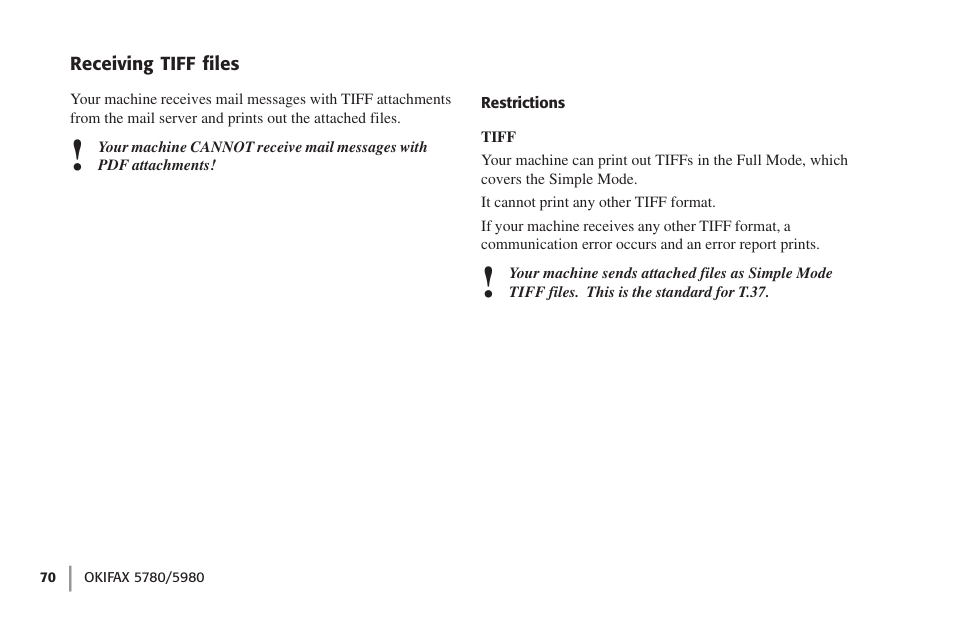 Receiving tiff files, Restrictions | Oki FAX 5780 User Manual | Page 70 / 114