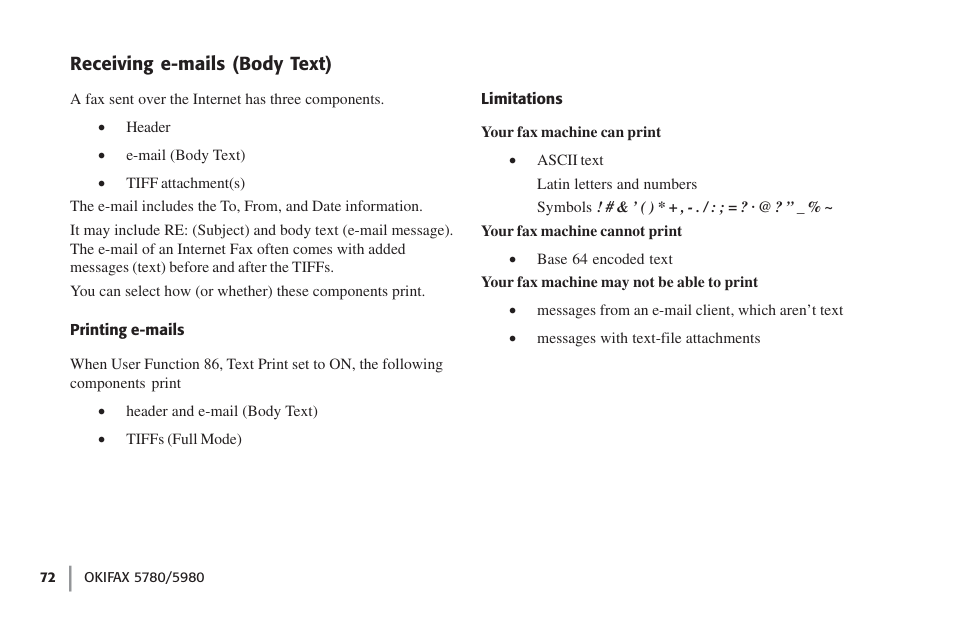 Receiving e-mails (body text), Printing e-mails | Oki FAX 5780 User Manual | Page 72 / 114