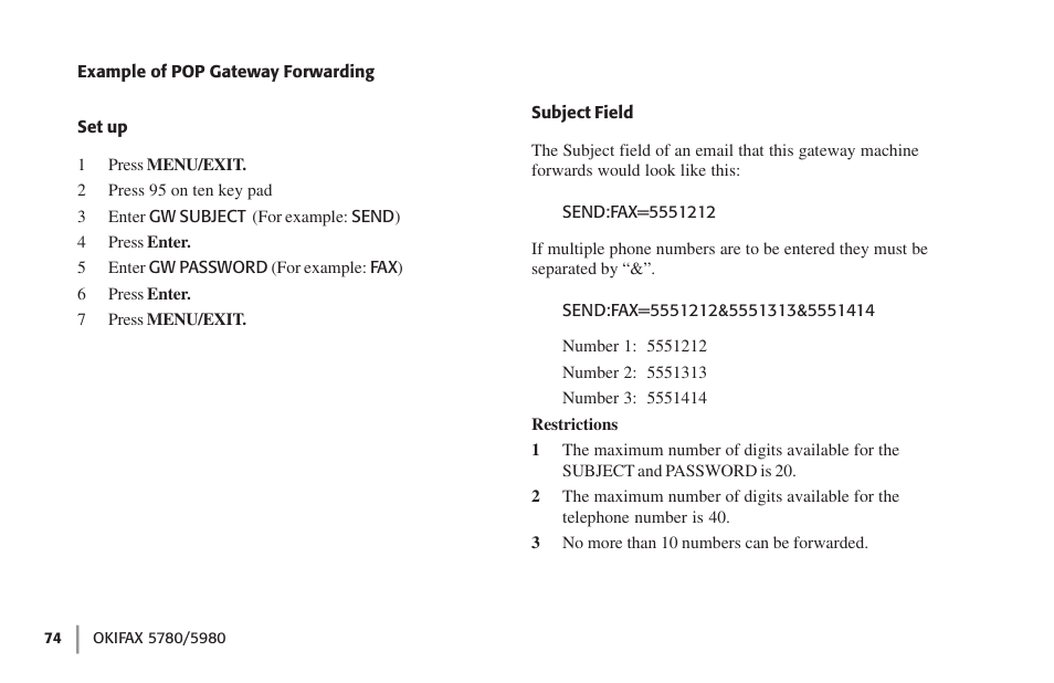 Example of pop gateway forwarding | Oki FAX 5780 User Manual | Page 74 / 114