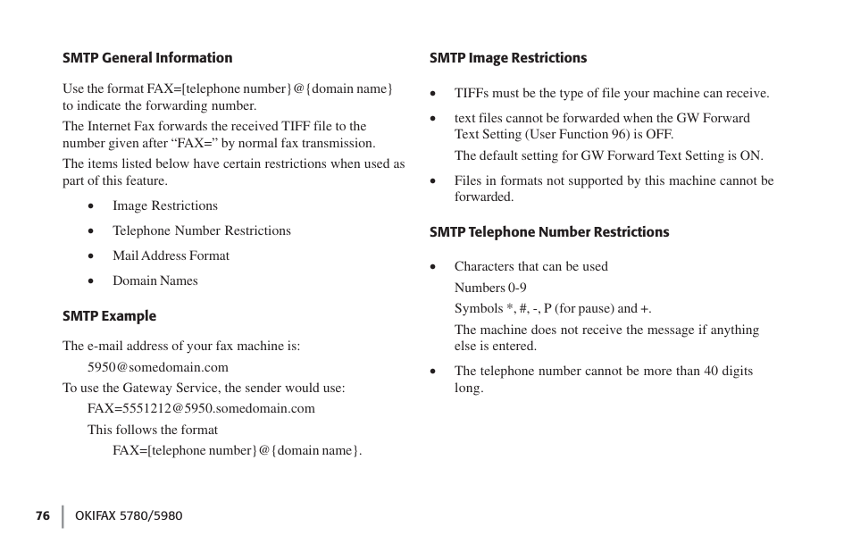 Smtp general information, Smtp example, Smtp image restrictions | Smtp telephone number restrictions | Oki FAX 5780 User Manual | Page 76 / 114