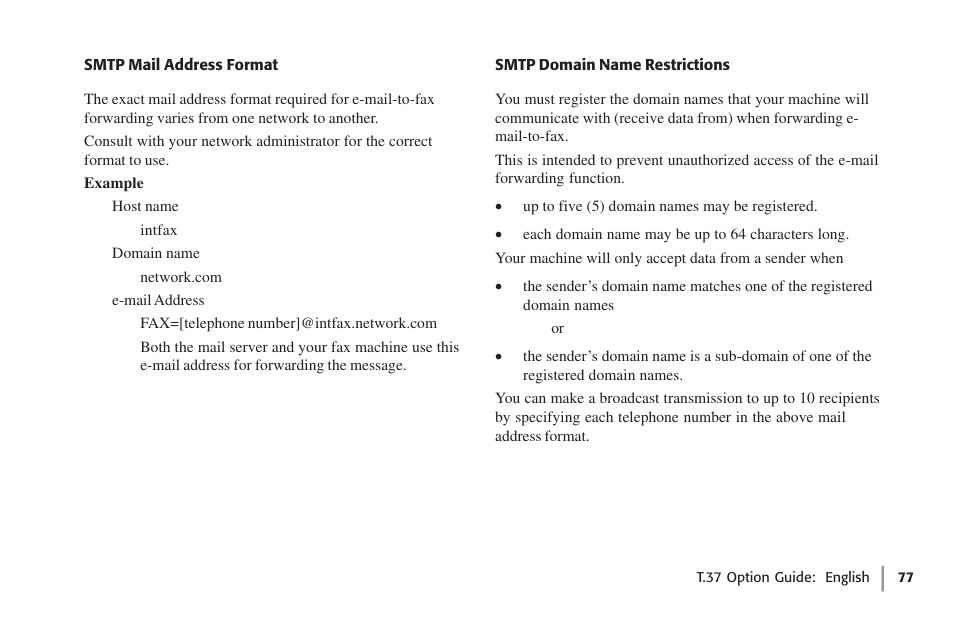 Smtp mail address format, Smtp domain name restrictions | Oki FAX 5780 User Manual | Page 77 / 114