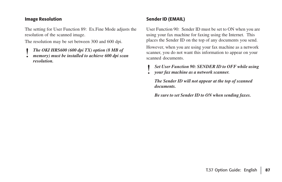 Image resolution, Sender id (email), Image resolution sender id (email) | Oki FAX 5780 User Manual | Page 87 / 114